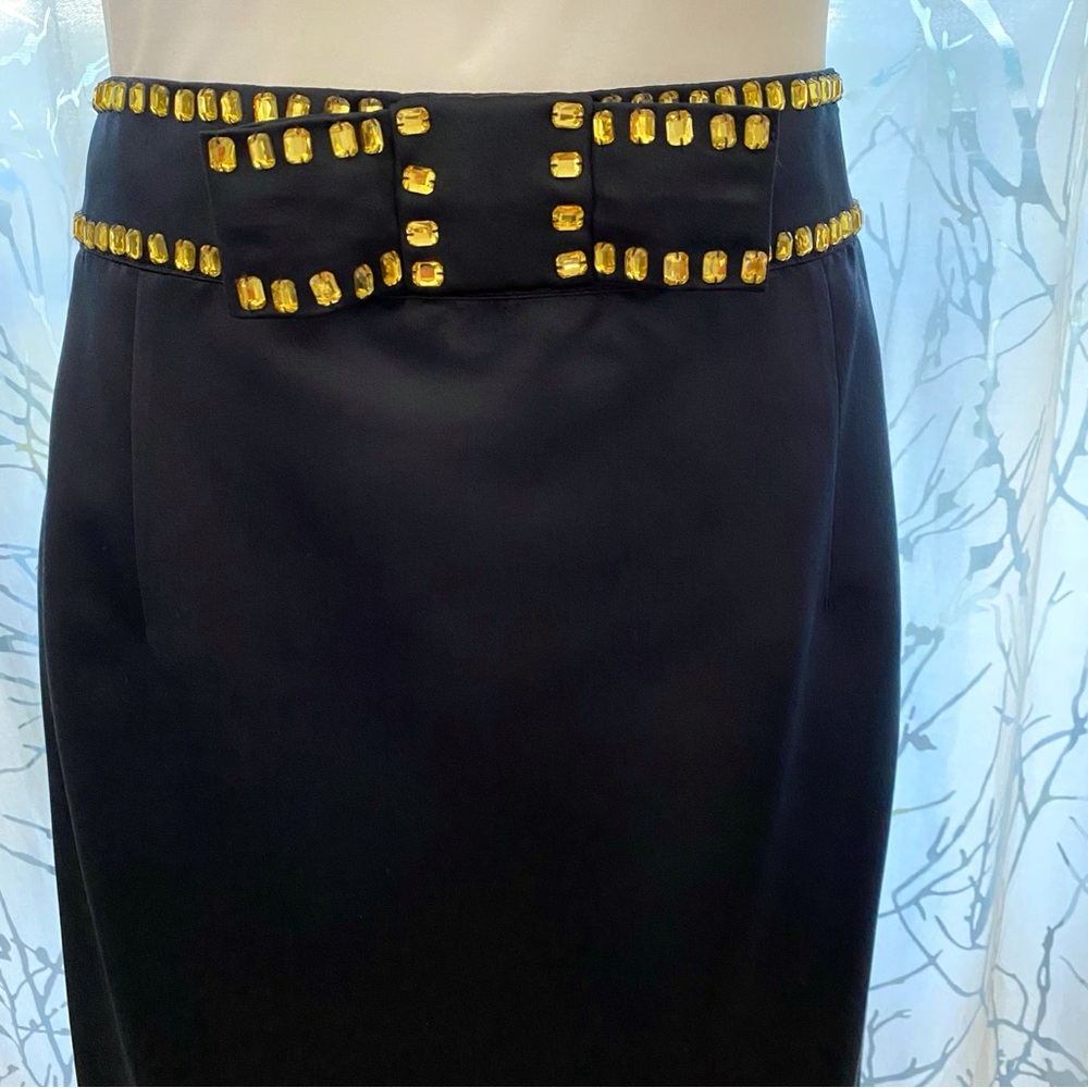 RED VALENTINO YELLOW GOLD BEJEWELED RHINESTONE BOW WAISTBAND BLACK SILK SKIRT - Picture 4 of 12